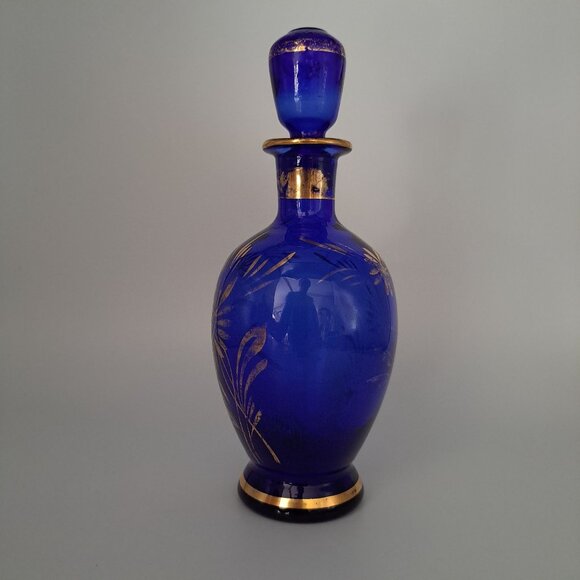 Vintage Cobalt Blue & Gold Glass Decanter With Floral Design - Picture 5 of 16